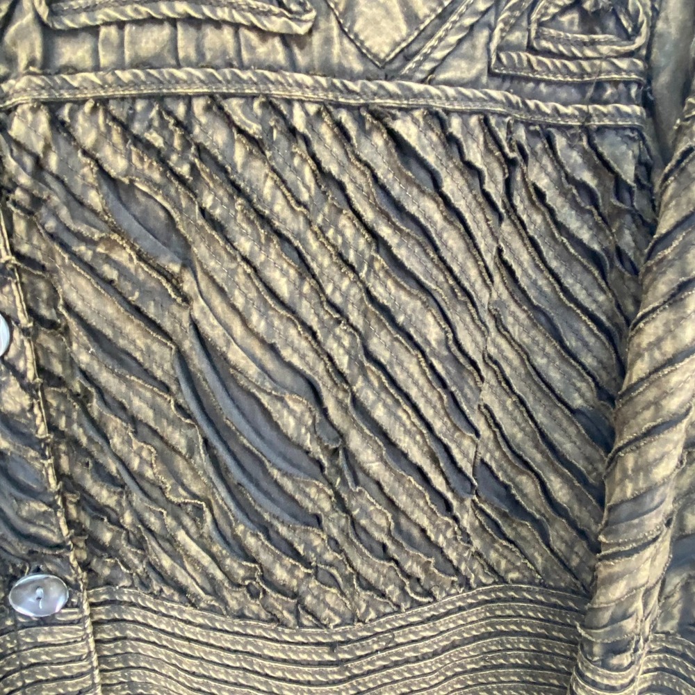 CHICOS Womens Button Front Jacket Sz M Brown Artsy Textured Cotton Distressed - Picture 4 of 10